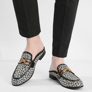 NEVER WORN Mens Leopard Print Slides with Gold Trim